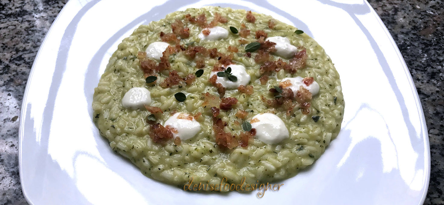 RISOTTO WITH ZUCCHINI PURÉE , GOAT CHEESE AND GUANCIALE CRUMBS