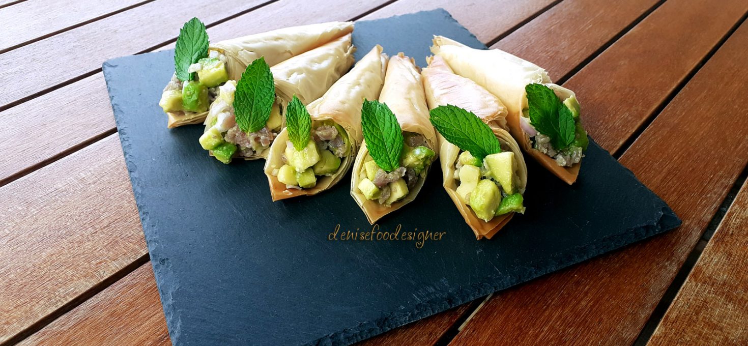 PHYLLO PASTRY CONES WITH SMOKED TUNA AND AVOCADO